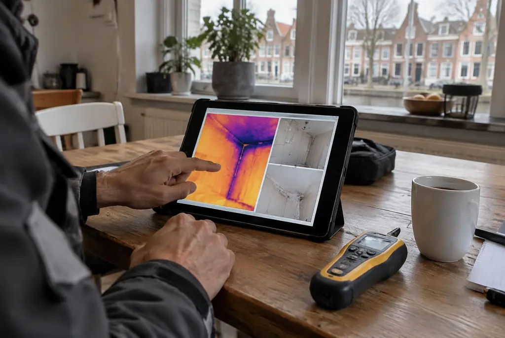 Lekdetectie Wageningen – lekdetectierapport met warmtebeelden en foto's op een tablet