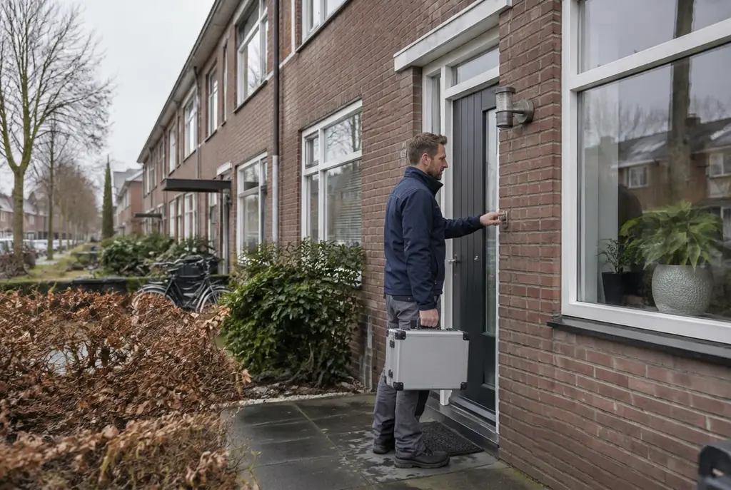 Lekdetectiespecialist met meetkoffer bij de voordeur van een woning in Wageningen